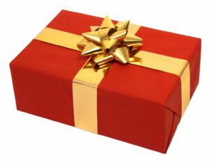 red gift with gold bow